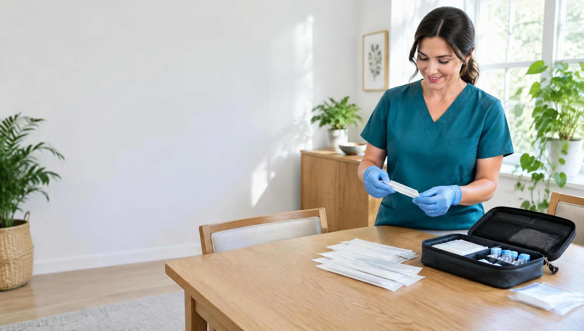Illustrative mobile collection professional preparing specimen supplies at a home