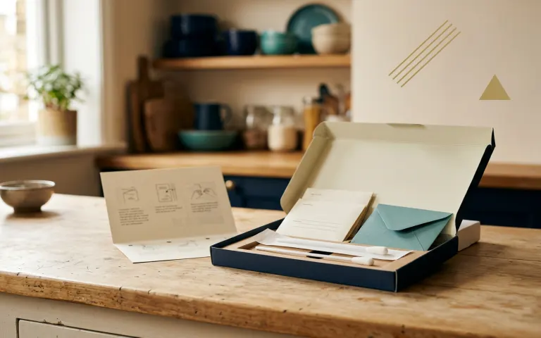 Illustrative at-home DNA collection kit opened on a kitchen counter with swabs, envelopes and a plain instruction card