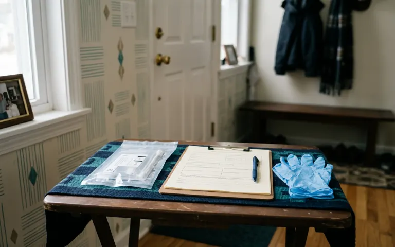 Illustrative documented DNA collection set up in a home entryway: a sealed swab kit, a blank paperwork clipboard and gloves on a small table