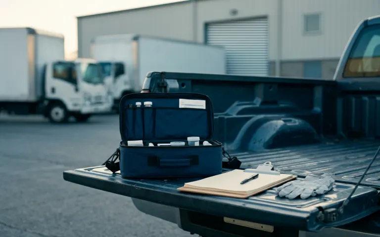 Illustrative mobile collection case resting on a pickup truck tailgate at a depot